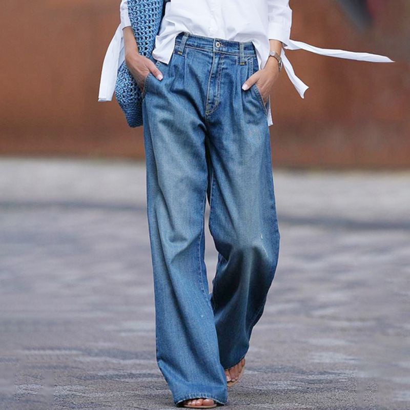 Women'sNew Style High Waist Slim Wide Leg Pants Loose Floor Sweatpants Denim Trousers_voghion.com