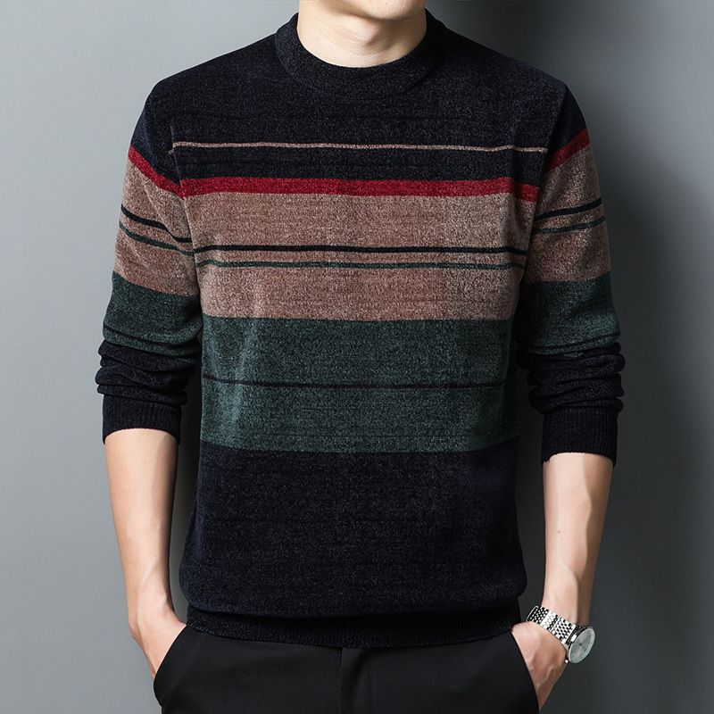 Men's Clothing plush sweater winter warm striped color matching bottoming sweater round neck men's plush thickened_voghion.com
