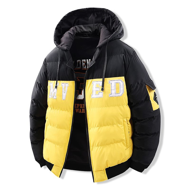 Wendbare Pufferjacke mit Kapuze für Herren – Verdicktes Steppdesign, Stickerei in Kontrastfarbe, abnehmbare Kapuze, lockere Passform für Winter-Streetwear_voghion.com