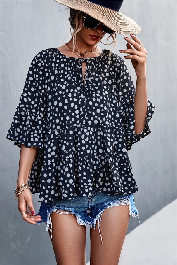 Nueva camiseta holgada de muñeca con lunares y cuello en V con cordones para primavera/verano 2023_voghion.com