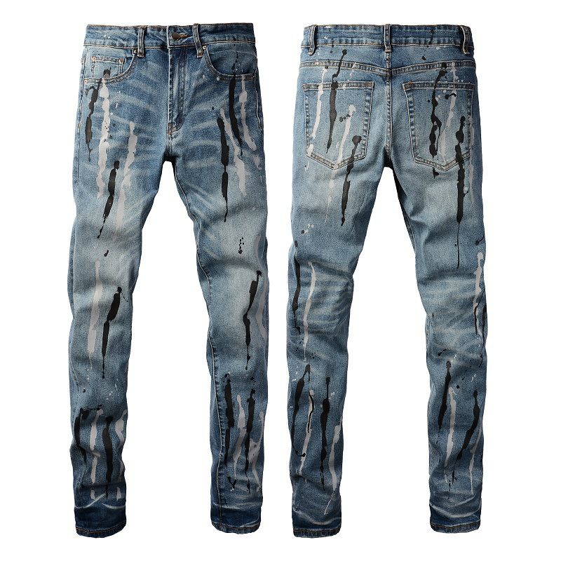 Vêtements pour hommes Street style encre splash graffiti classique rétro jeans délavés pour hommes Une pièce de jeans élastiques grande taille pour hommes_voghion.com