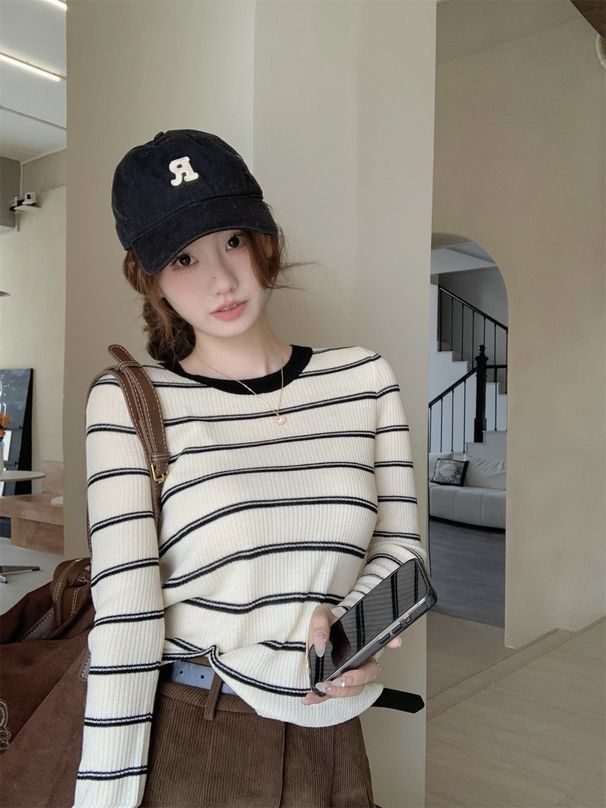 ragazza 2025 autunno inverno nuovo girocollo a righe manica lunga maglia base interna usura maglione top per le donne_voghion.com