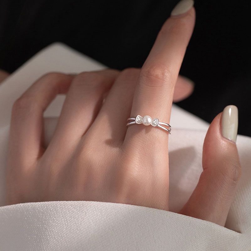 Stamp VENUS Sier Color Bow Ring For Women Girl Zircon Pearl Adjustable Opening Jewelry Gift  Dropship_voghion.com