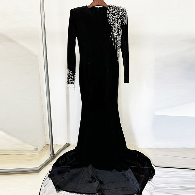 Robe de soirée de qualité pour femme, série Star, robe longue en velours acétate perlé lourd, petite traîne_voghion.com