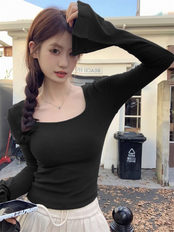 Ragazza 2024 Nuova camicia svasata slim fit da donna autunno inverno, maglietta intima sexy con scollo a U, top a maniche lunghe_voghion.com