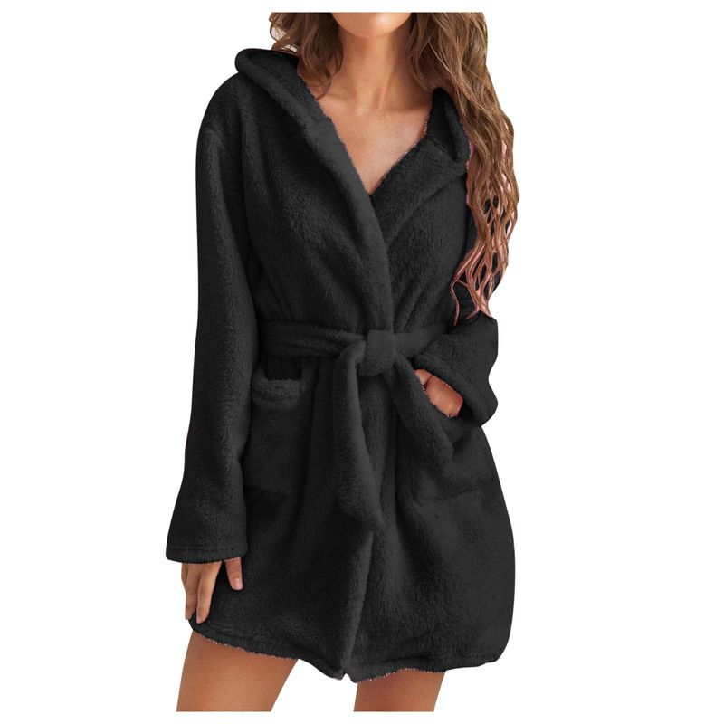 Pyjama en peluche pour femmes, couleur unie, à capuche, peignoir chaud pour la maison_voghion.com