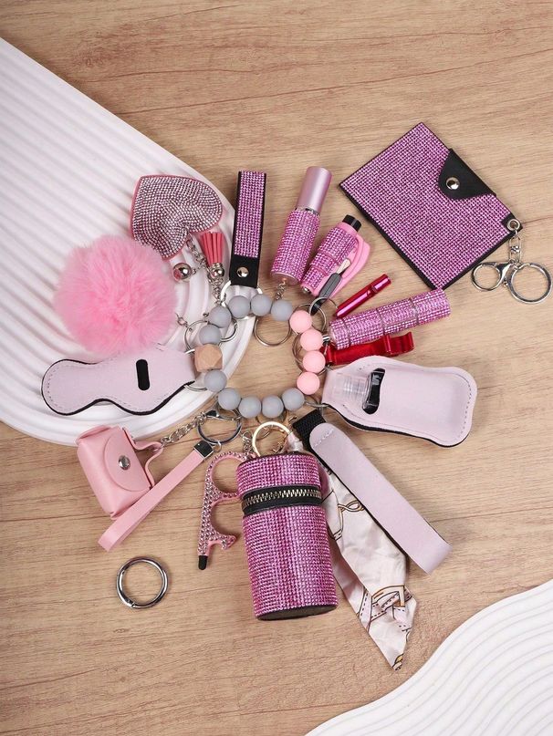 18 delar/set självförsvarsnyckelringsset för kvinnor, inklusive fönsterkrossare, flasköppnare, visselpipa, tvålask, läppstiftsask, armband, medicinask_voghion.com