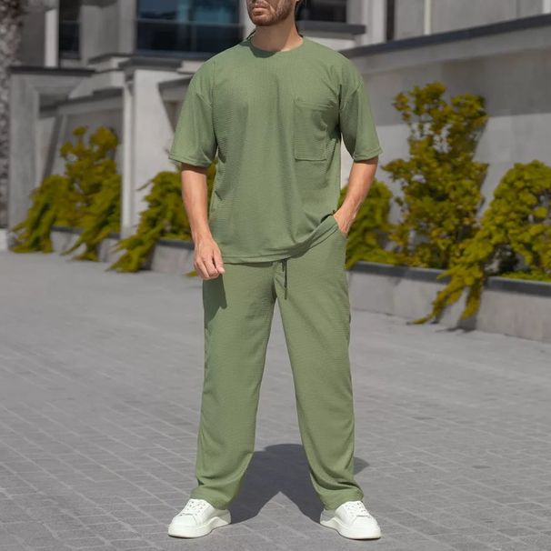 "Men's Waffle Knit Short Sleeve Set – Breathable Loose Fit Crew Neck T-Shirt & Casual Pants (Black/Grey/Khaki/Green, Sizes S-XXXL)"_voghion.com