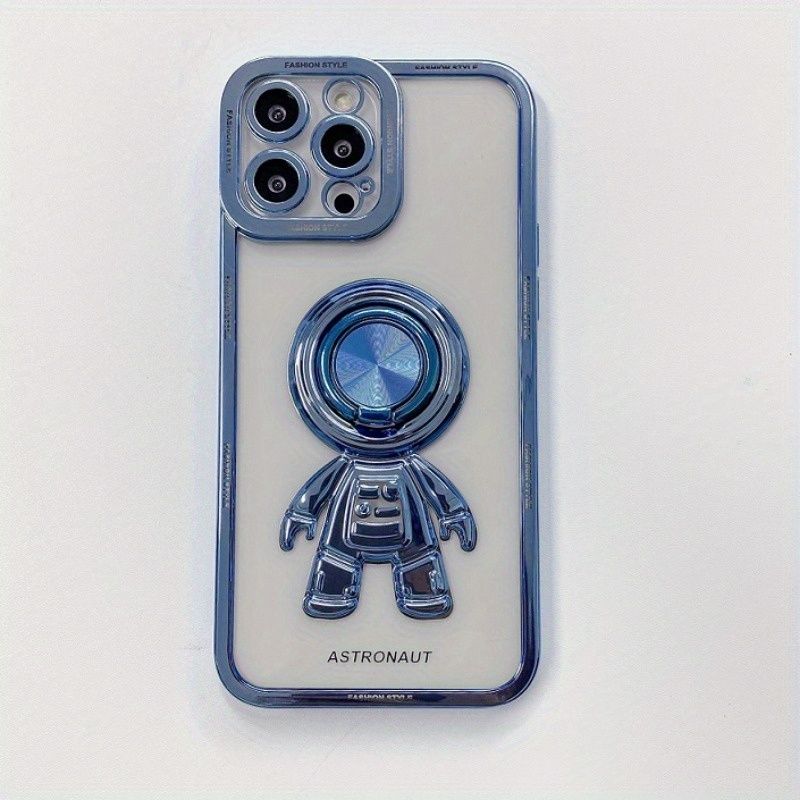 High Quality 3D Astronaut Design Plating Protection Phone Case with Ring Bracket TPU Drop Resistant Case with Car Magnetic Attachment for  14/ 15_voghion.com