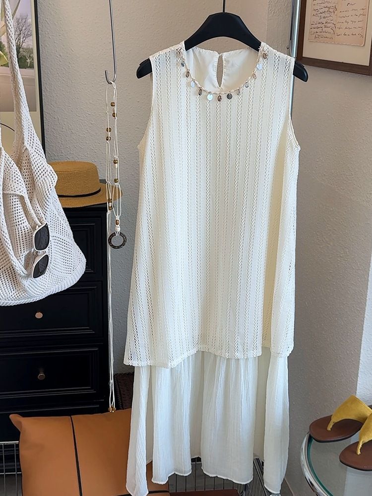 Ärmellose Weste für Frauen 2025 Sommer neue süße zweiteilige aushöhlen Patchwork böhmisches langes Kleid Trendy_voghion.com