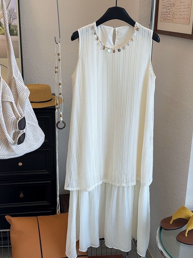 Ärmellose Weste für Frauen 2025 Sommer neue süße zweiteilige aushöhlen Patchwork böhmisches langes Kleid Trendy_voghion.com