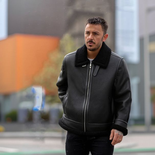 Men's Faux Leather Bomber Jacket With Shearling Collar – Streetwear PU Biker Coat, Windproof & Anti-Scratch (M-5XL, Black/Tan)_voghion.com