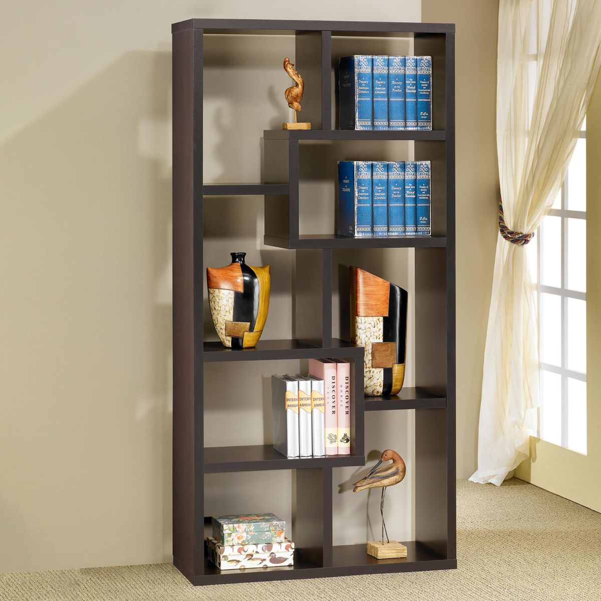 8-shelf Cappuccino Geometric Bookcase_voghion.com
