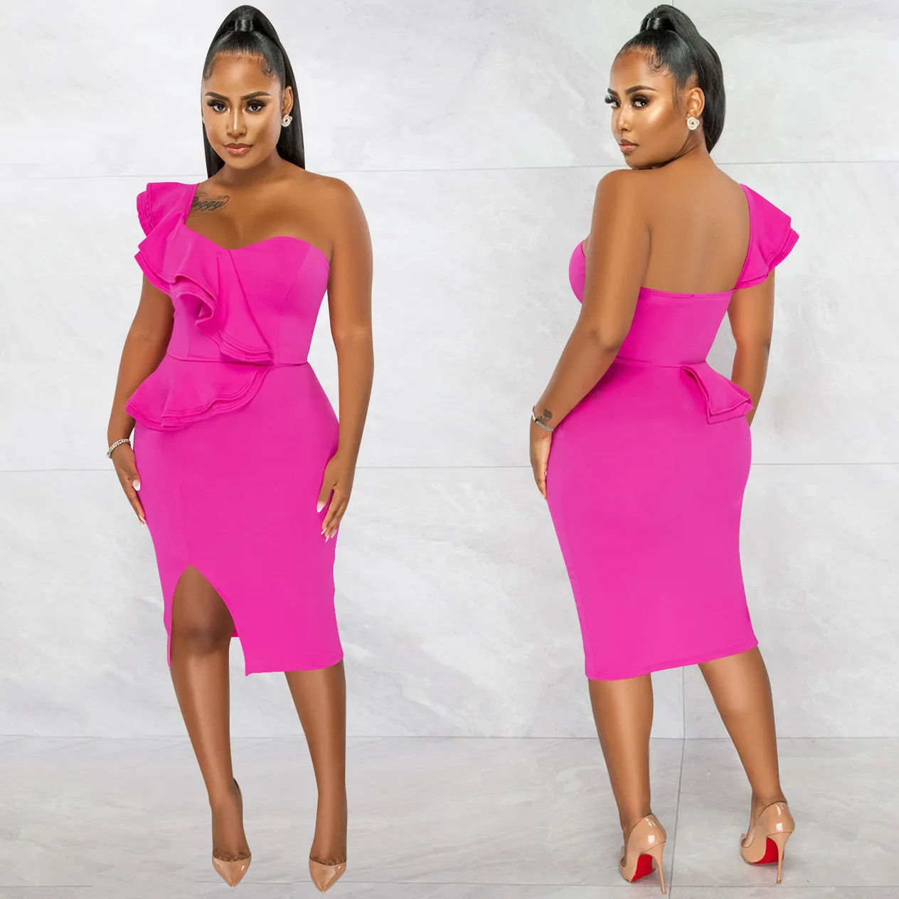 Women's Clothing fashion casual ruffled slit one shoulder sleeve dress women's clothing_voghion.com