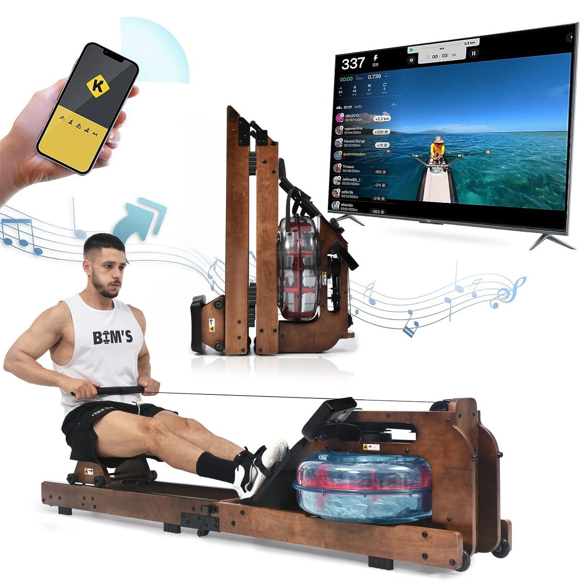 Rudergerät Faltbares Für Den Innenbereich, Wasserbeständig, Mit Kinomap APP_voghion.com