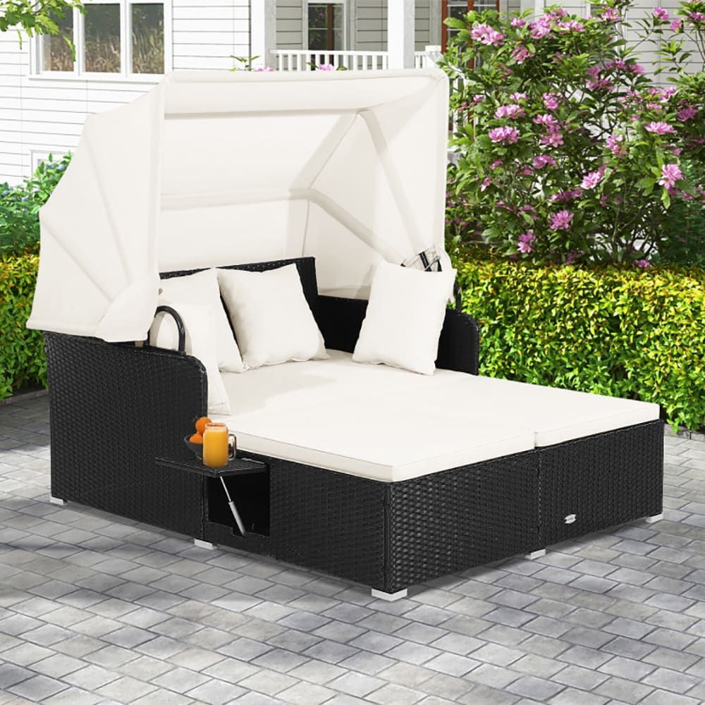 Patio Rattan Daybed With Retractable Canopy And Side Tables_voghion.com