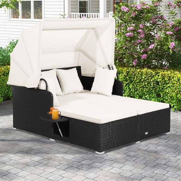 Patio Rattan Daybed With Retractable Canopy And Side Tables_voghion.com
