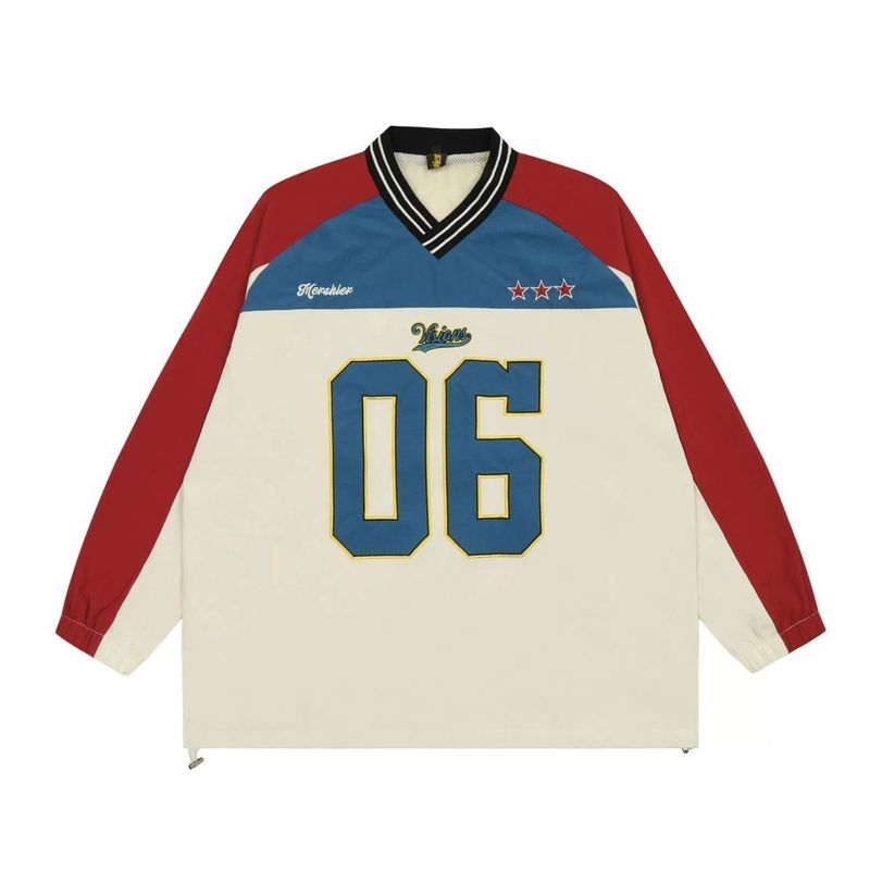 V-neck Contrasting Splicing Letter Embroidery Pullover Hoodie For Men And Women, American Couple Trendy Brand Jersey,_voghion.com