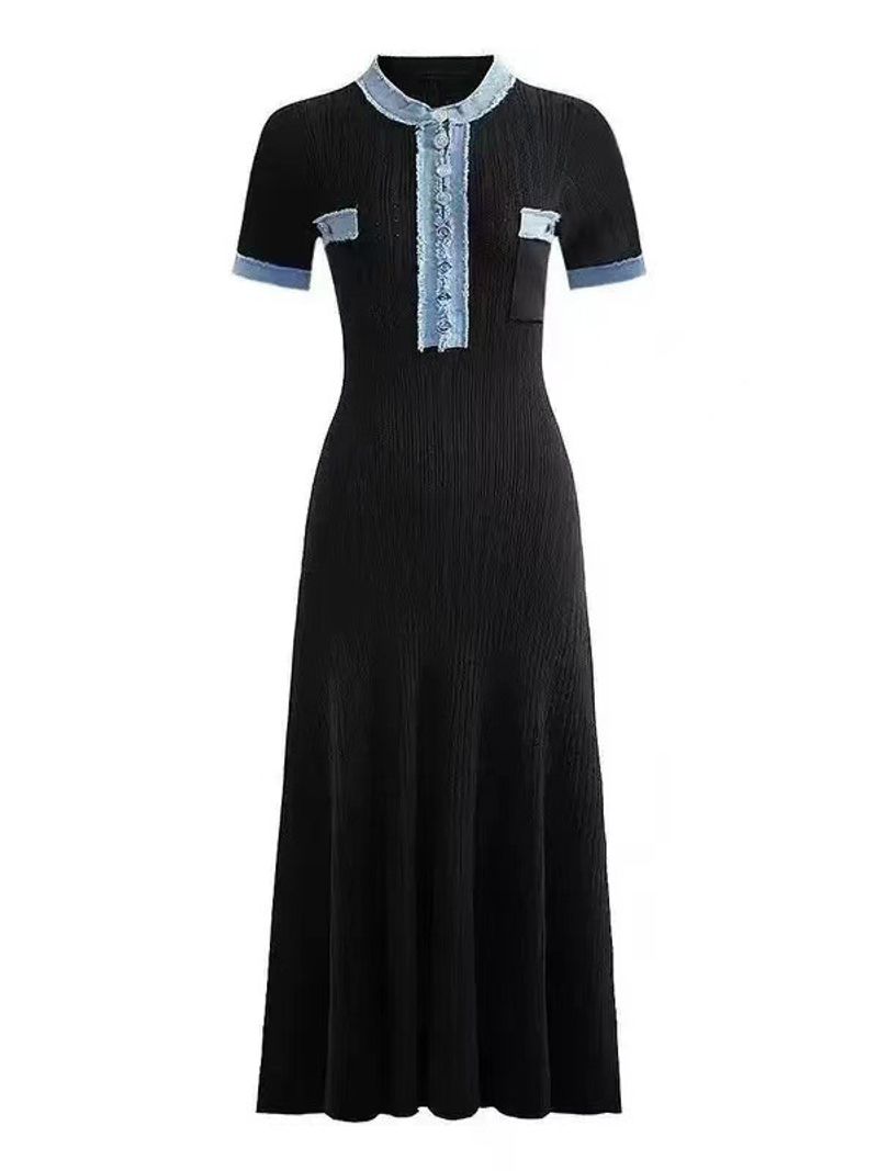 Robe tricotée en denim avec bordure à pompons et coutures pour femme_voghion.com
