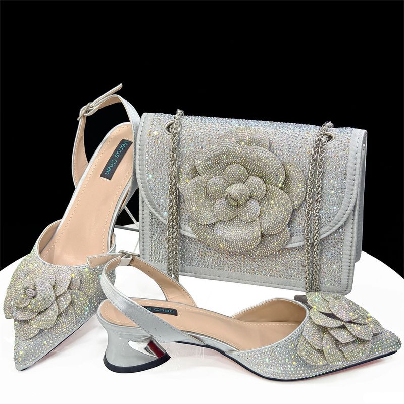Pointy Heels With Square Shoulder Bag Floral Embellished Ladies Shoe Bag Set_voghion.com