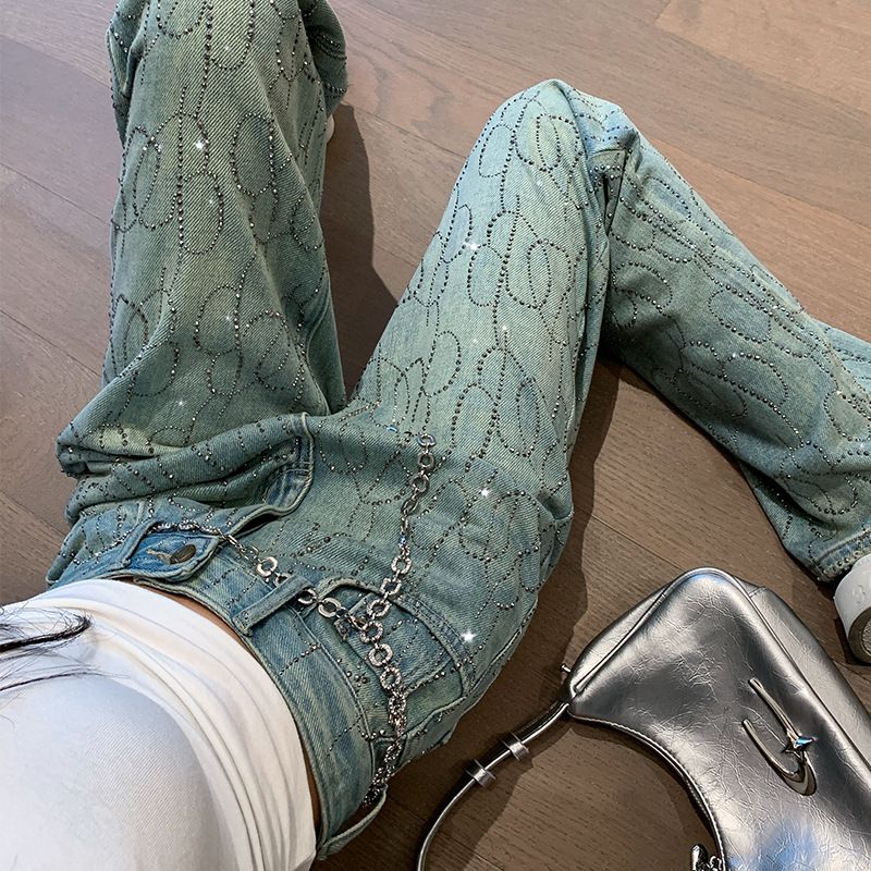 Women's Clothing spring and summer new luxury gradient rhinestones starry straight jeans narrow leg pants_voghion.com