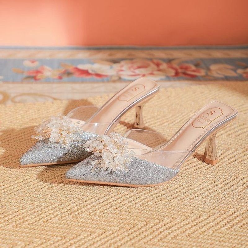 Baotou Half Slippers Women's Summer Outdoor Wear 2025 New Water Diamond Pointed Stiletto High Heels French Back Empty_voghion.com