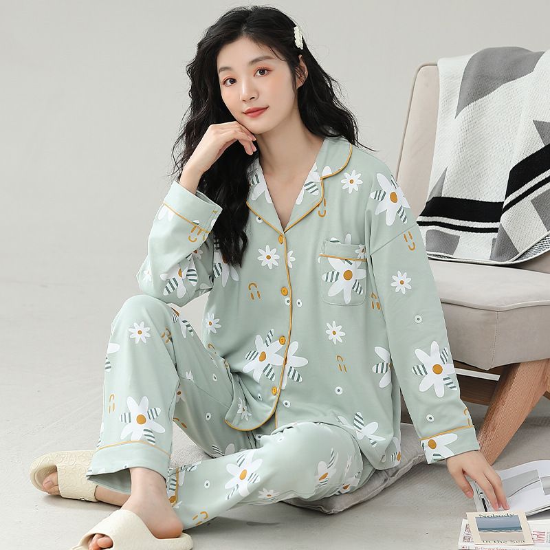 Pajamas women in spring autumn, pure long sleeved Korean version, sweet loose cotton women's home clothing set for_voghion.com