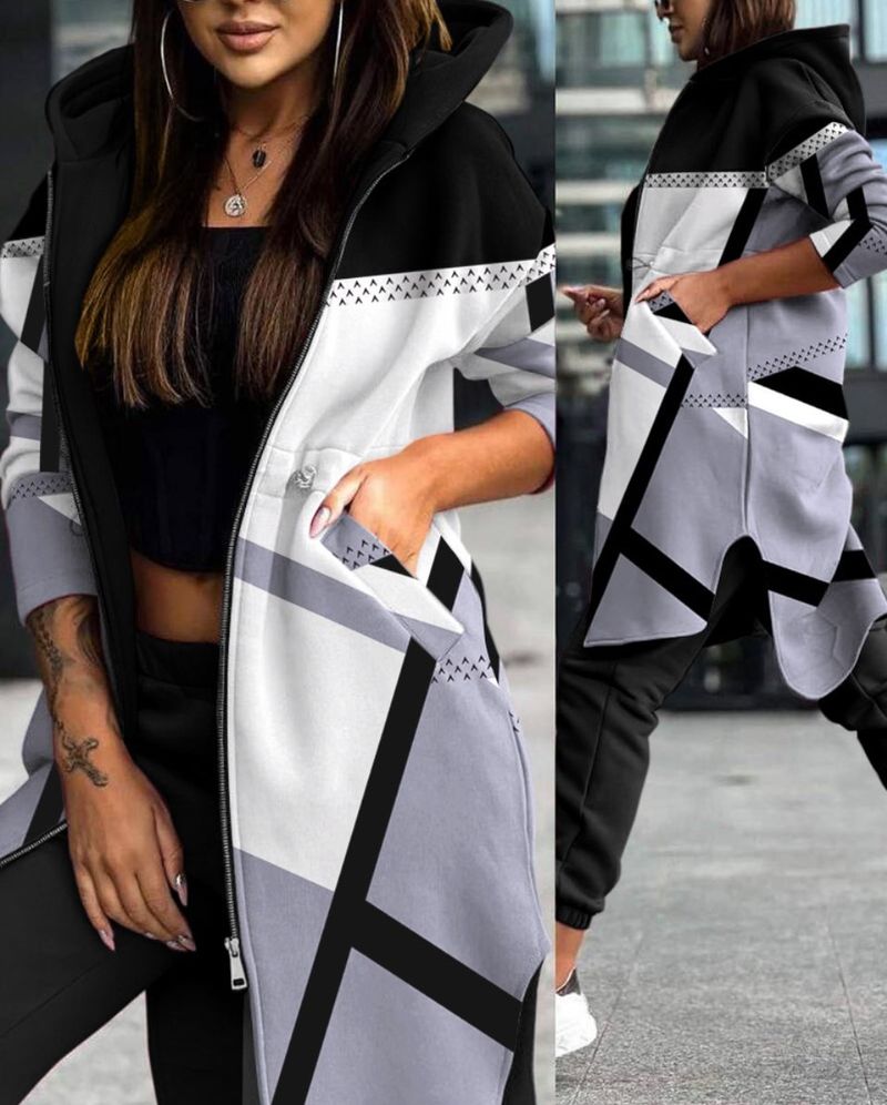 Damenmode im neuen Stil mit Reißverschluss, bedruckt, lange Kapuze, lässige Sportjacke, beliebter Stil_voghion.com