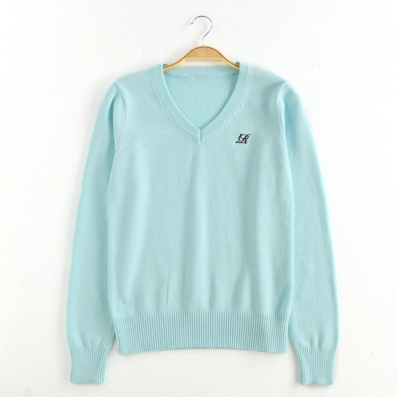 Pull col V pour femme, pull brodé, décontracté, en tricot, style universitaire, manches longues, col ras du cou, vêtements pour femmes_voghion.com