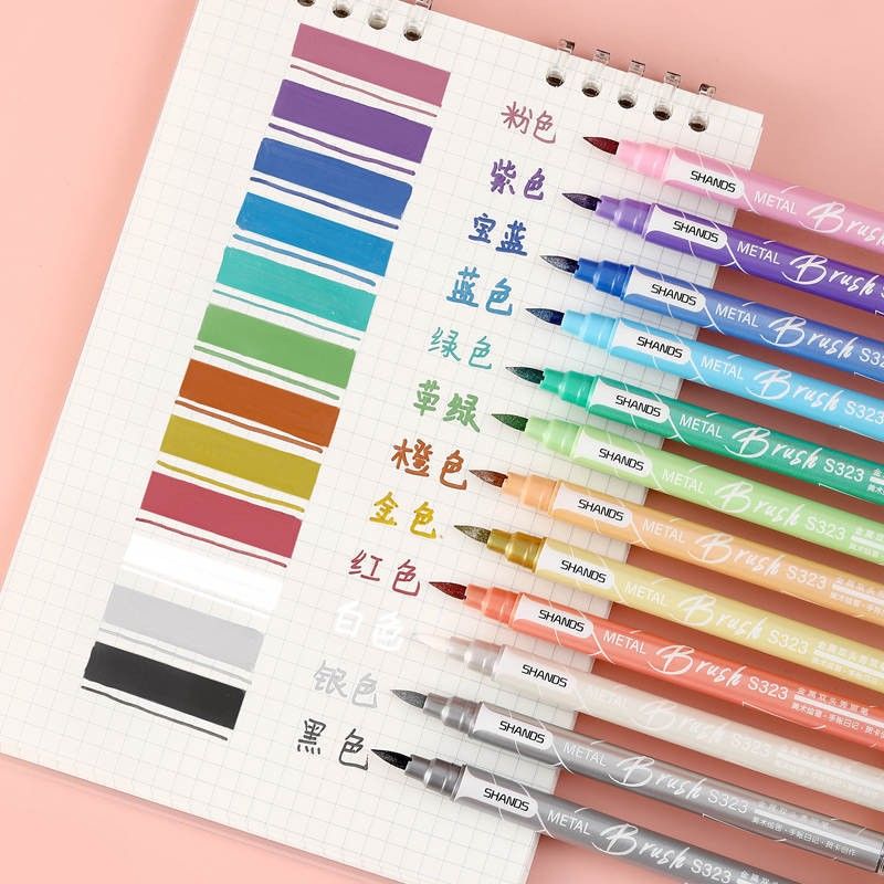 Bolígrafos de caligrafía de doble punta para lettering, diario y arte - Colores metálicos (paquete de 6) - Punta suave y flexible para escritura y dibujo fluidos_voghion.com