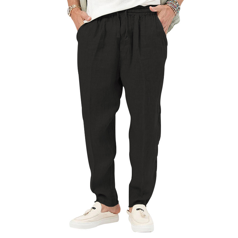 Vêtements d'été fins pour hommes, pantalon en coton et chanvre, grande taille, couleur unie, décontracté, avec cordon de serrage_voghion.com