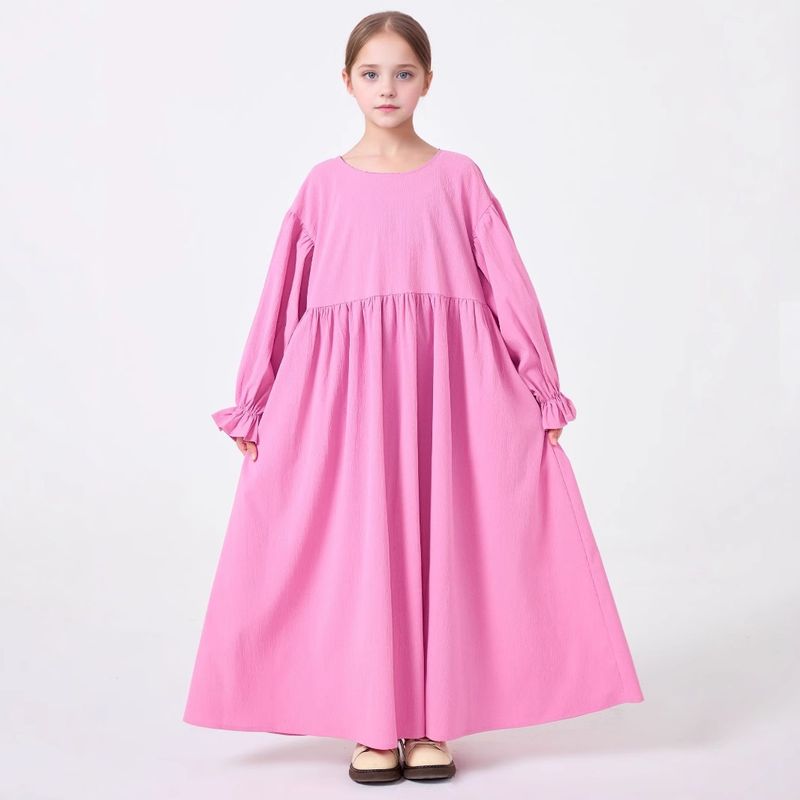 Mother & Kids Middle Eastern Girls Abaya Solid Color Round Neck Trumpet Sleeve Dress Robe_voghion.com