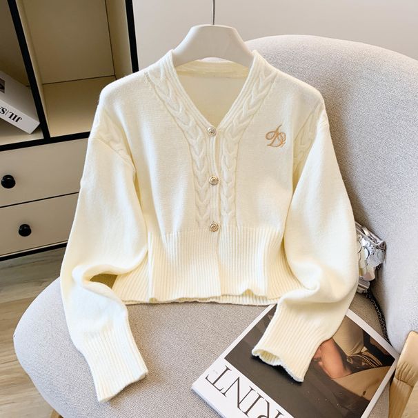 Eleganter Damen-Cardigan mit V-Ausschnitt und Stickereien, leichtes Strickoberteil für Damen, lässige Bürokleidung, Frühlings- und Herbstmode_voghion.com