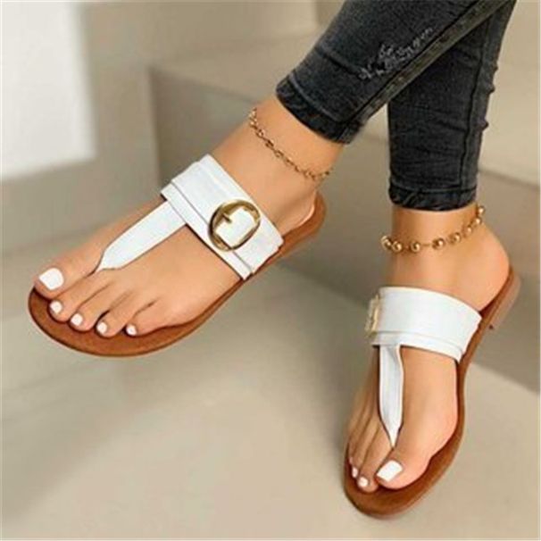 Women's Shoes Rhinestones Style Flip Flop Flat Sandals Fashionable And Comfortable Metal Buckle Decorated Large Size Slippers_voghion.com