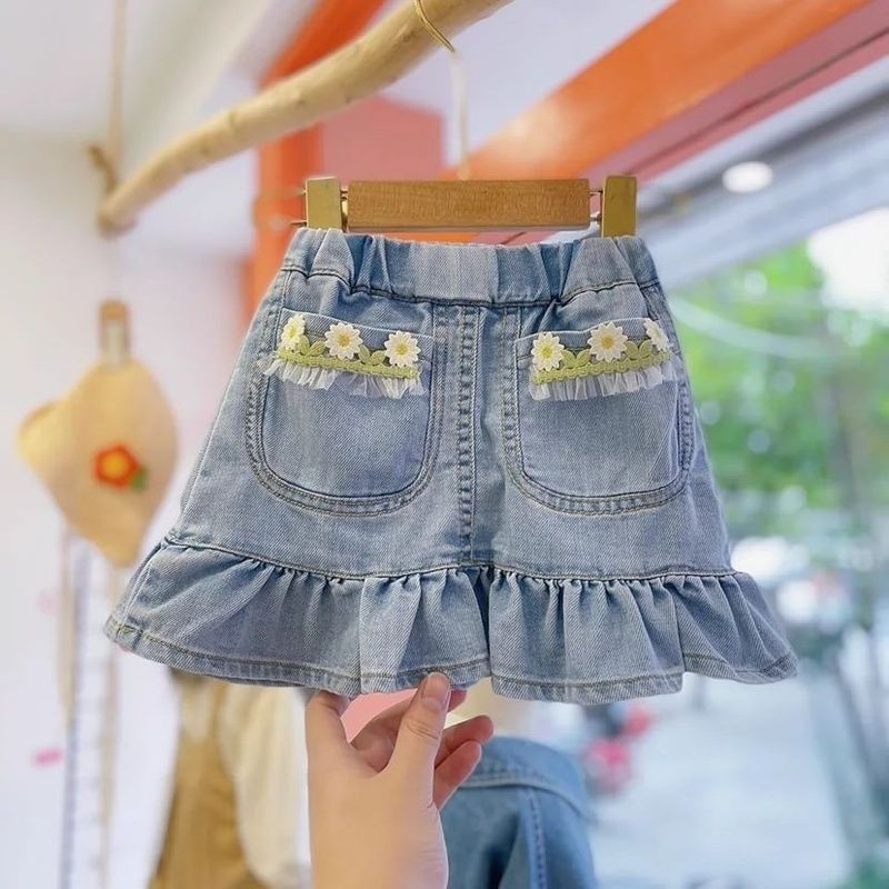 Kid's Clothing Girls summer denim skirt baby stylish children's personality trendy flower short skirt net celebrity half length fishtail skirt_voghion.com