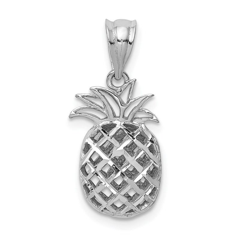14K White Polished & Diamond-cut 3D Pineapple Pendant_voghion.com