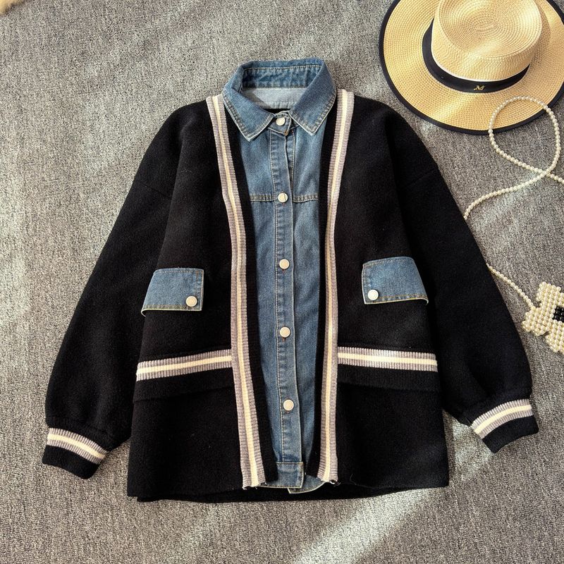 Damenbekleidung Zweiteilige Strickjacke aus Denim-Spleißen_voghion.com