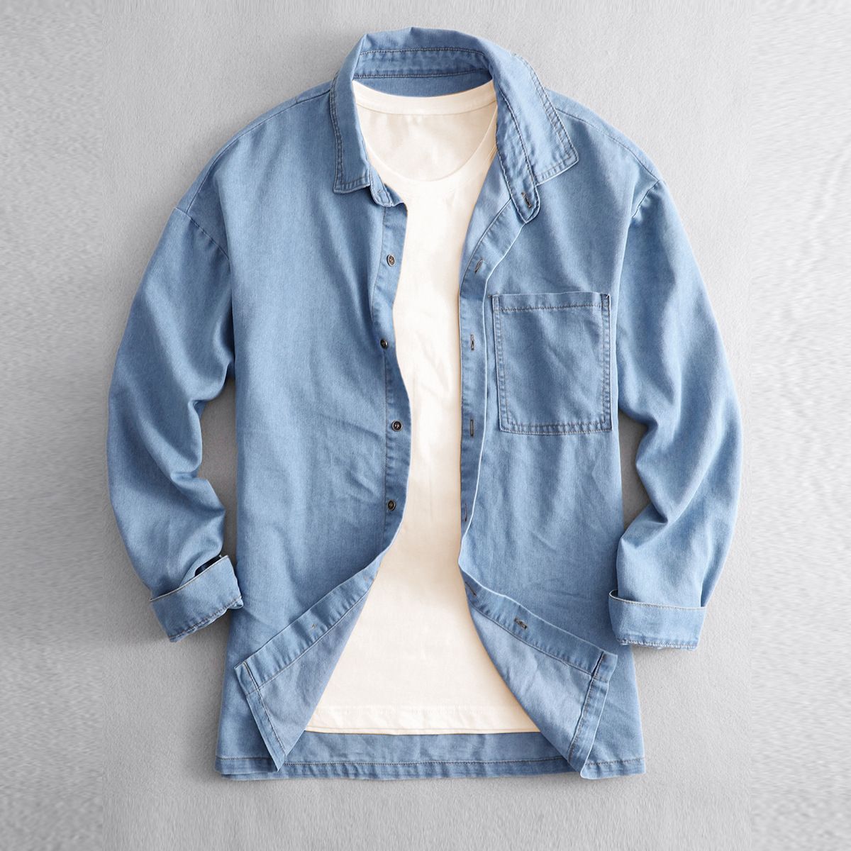 Retro Denim Shirt For Men - Vintage Washed Cotton Oversized Open Front Shirt, Casual Long Sleeve Button-Down With Chest Pocket_voghion.com