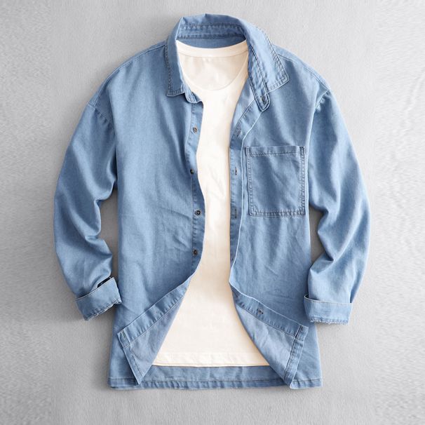 Retro Denim Shirt For Men - Vintage Washed Cotton Oversized Open Front Shirt, Casual Long Sleeve Button-Down With Chest Pocket_voghion.com