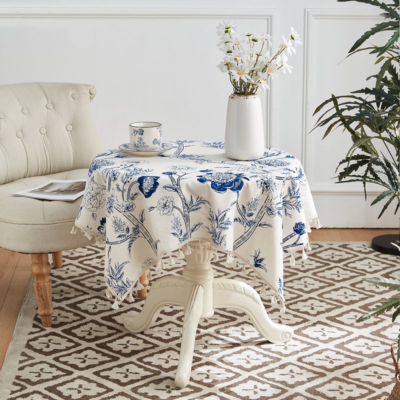 Nappe ronde en coton et lin, petite nappe fraîche à petites fleurs bleu marine, pour la maison, le salon, la maison d'accueil, nappe décorative à pompons_voghion.com