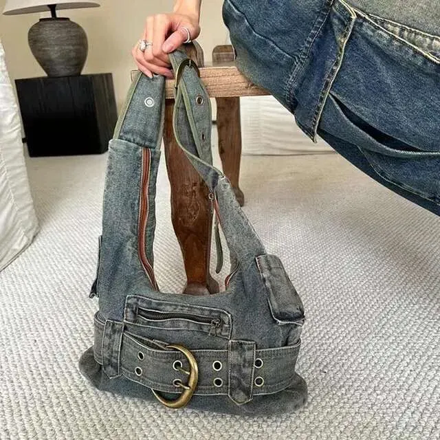 Bolsa de ombro feminina vintage jeans punk da moda, bolsa de mão grunge de rua Y2k, bolsa de mão retrô gótica casual para meninas, bolsas de axila_voghion.com