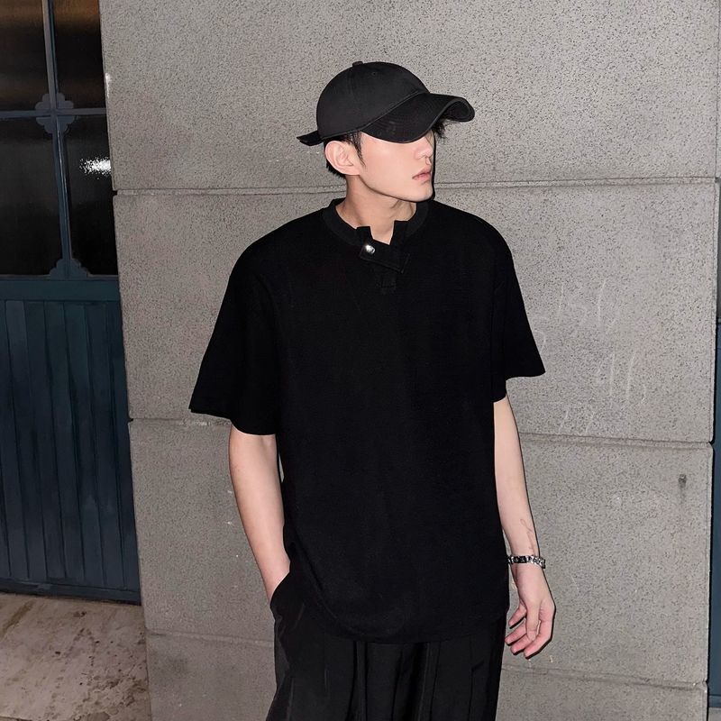 V-neck Button Short Sleeved T-shirt Men's Summer New Loose Casual Solid Color Half Sleeved Top Trendy_voghion.com