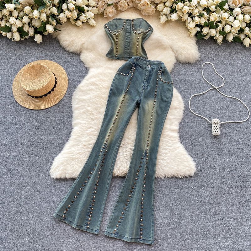 Costume en jean bombasse rétro pour femmes, avec motif perlé, haut tube amincissant + pantalon micro-évasé taille haute_voghion.com