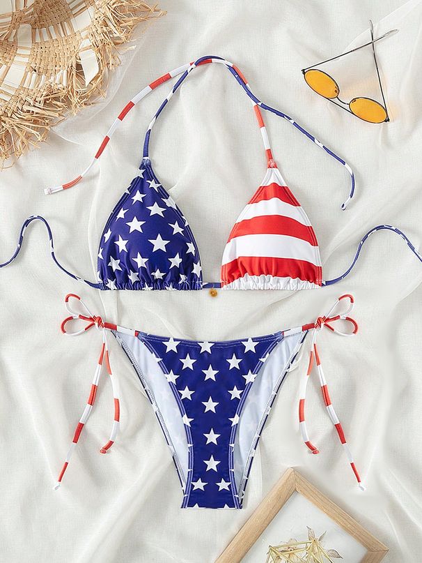 Bikini de verano 2026, sexy, con bloques de color, escote halter y tirantes, conjunto de dos piezas._voghion.com