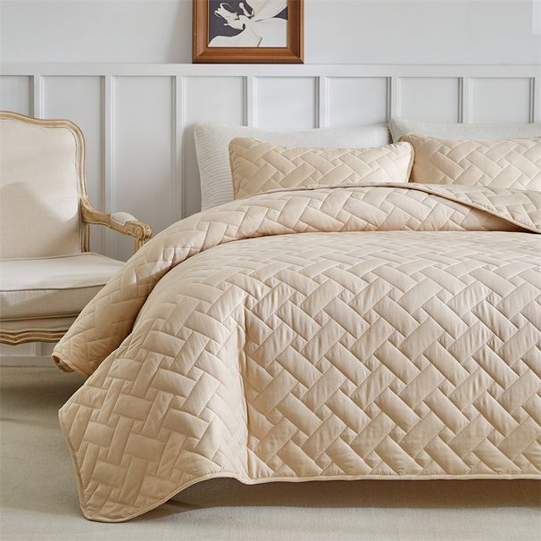 Completo copriletto trapuntato moderno in tinta unita - Copriletto jacquard da 3 pezzi con cuciture geometriche, piumone leggero per tutte le stagioni_voghion.com