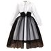 Kids’ Clothing Girls' Long Sleeved Lapel Waist Seamed Mesh Stitching Dress_voghion.com