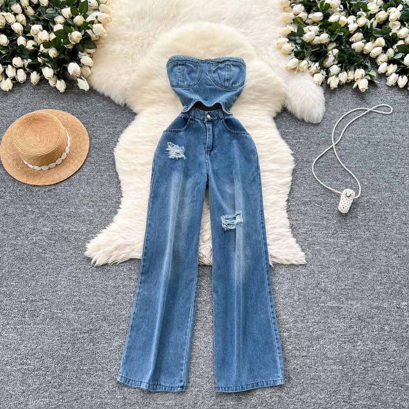 Combinaison en jean décontractée sans manches, taille haute, amincissante, style célébrités d'Internet, nouvelle collection_voghion.com