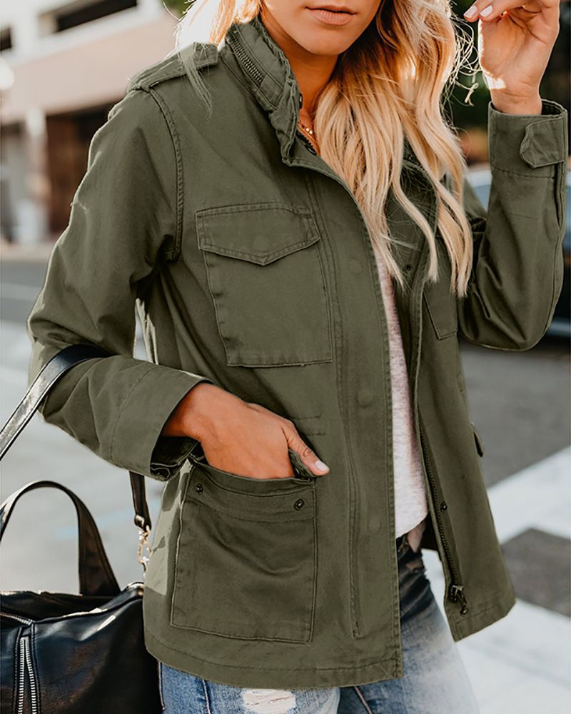 Damenbekleidung neue Damenmode lockerer Reißverschluss mit mehreren Taschen Reversjacke Langarm-Kapuzenmantel LYY029_voghion.com