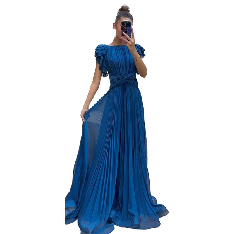 Damenkleid Chiffonkleid neuer großer Blütenblattärmel gefalteter langer Rock_voghion.com