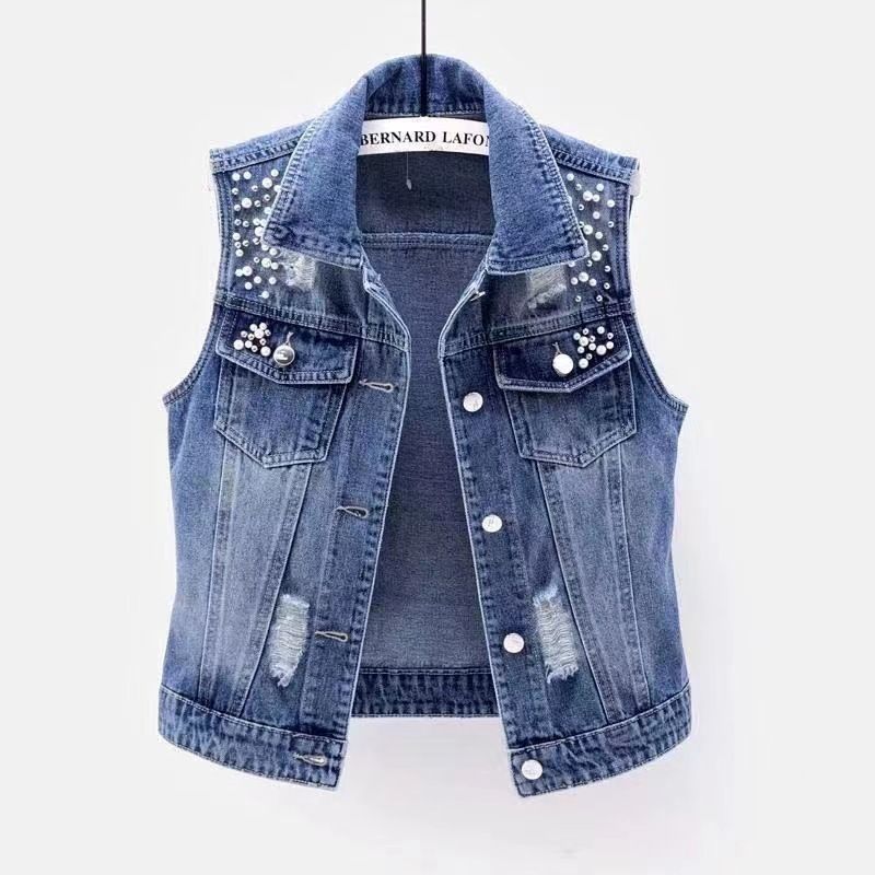 Denimväst, kort tvättat hål med pärlor, ärmlös jacka för kvinnor Mångsidig slimmad topp Trendigt_voghion.com